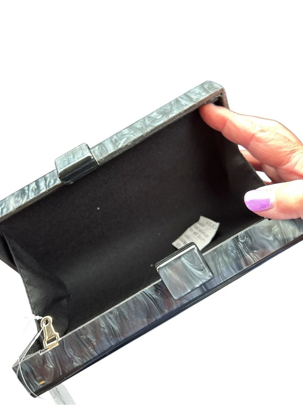 Evil Eye Acrylic Clutch in Gray with Gold and Blue Accents